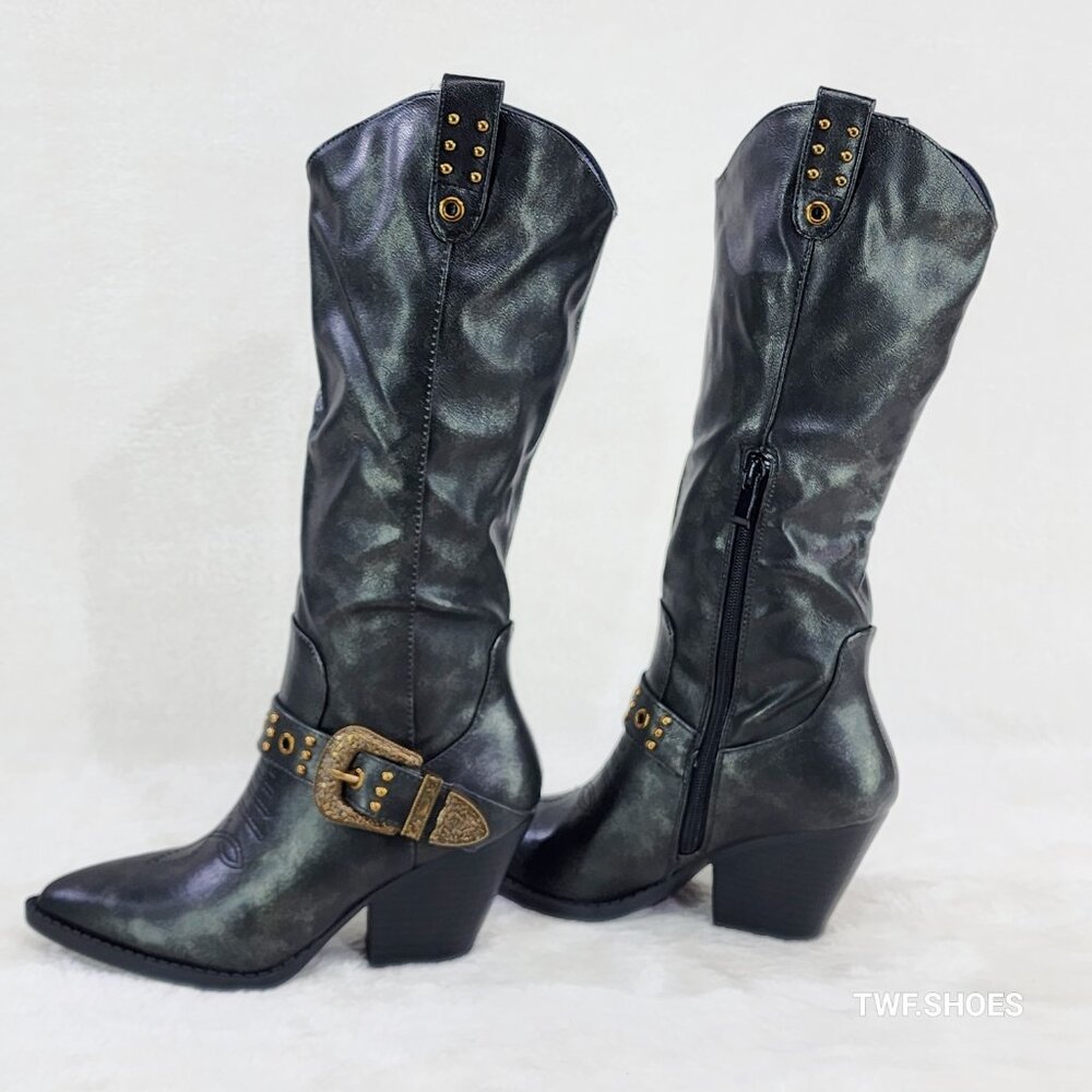 Storm Brushed Metallic Black Country Western Cowgirl Knee Boots